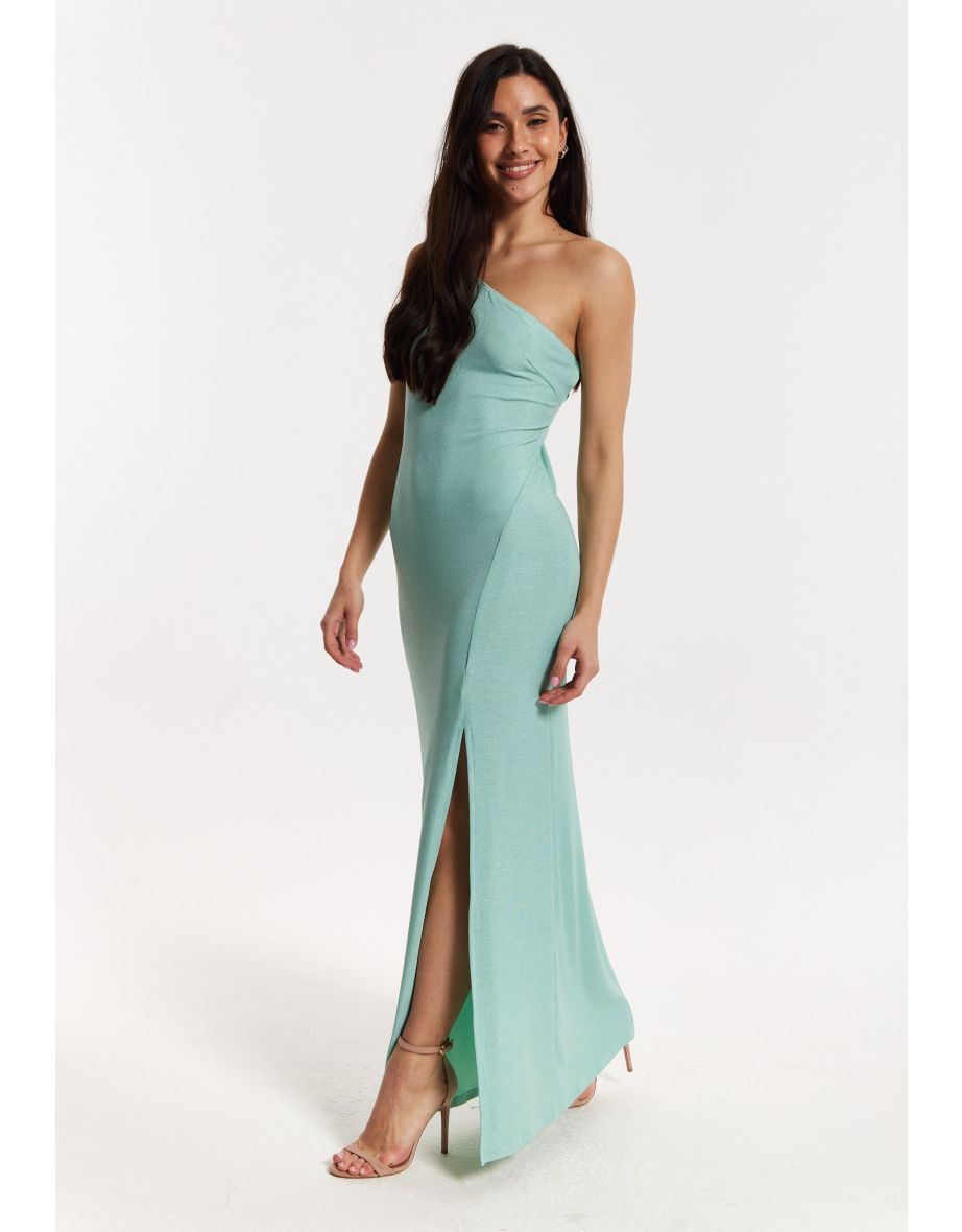 Green Lurex One Shoulder Maxi Dress