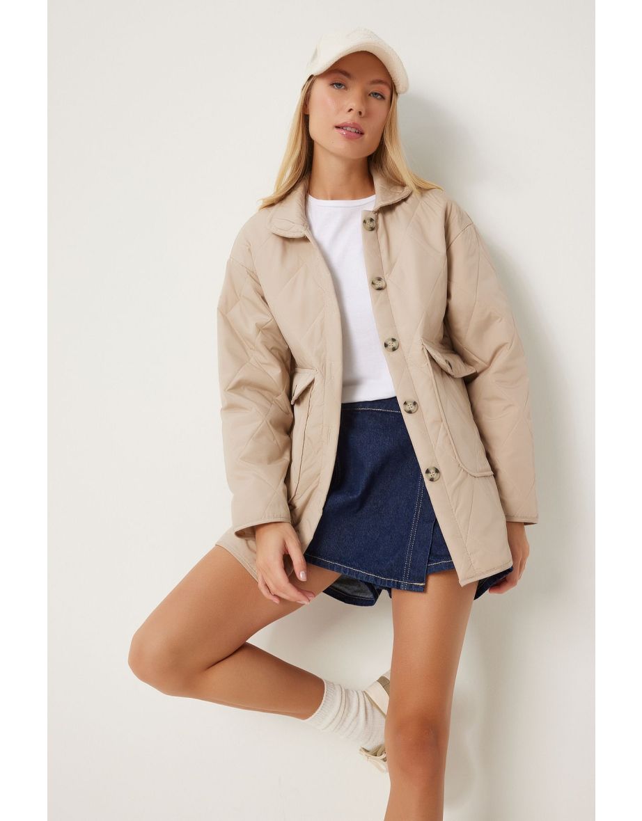 Women's Cream Pocket Oversize Quilted Jacket