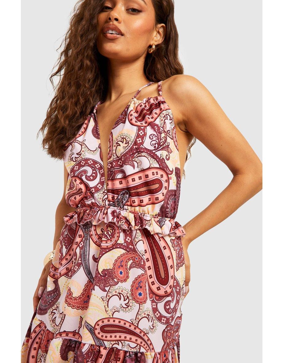Printed Ruffle Strappy Maxi Dreses - terracotta - 3