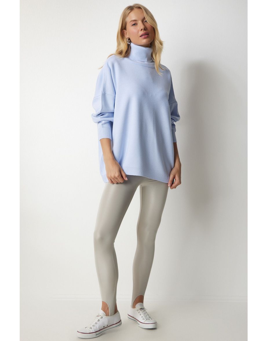Women's Sky Blue Turtleneck Oversized Knitwear Sweater