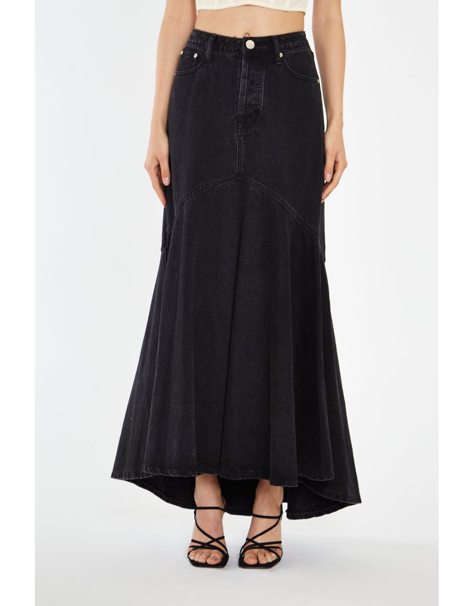 Washed Black Denim Fishtail Maxi-Skirt