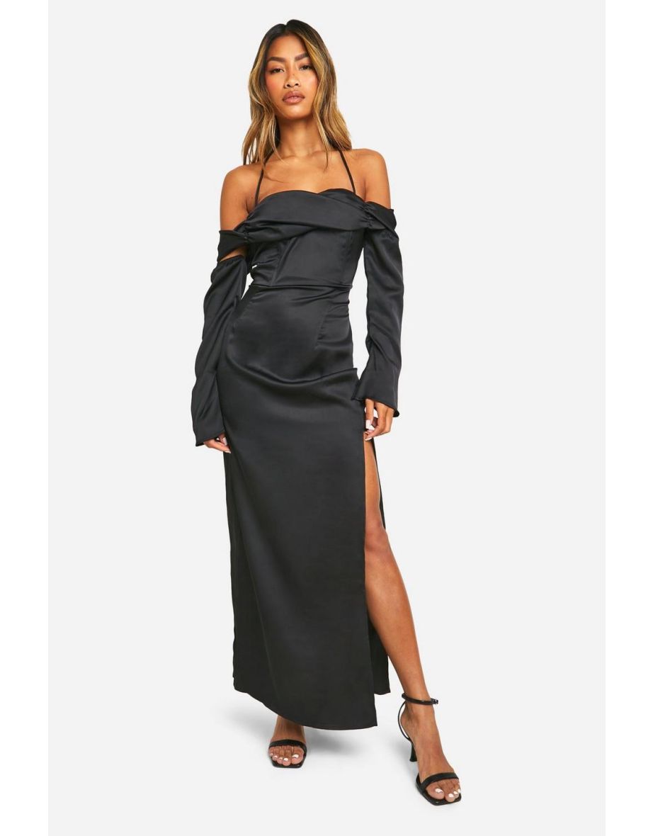 Shop Satin Cold Shoulder Maxi Dress black Online in Bahrain VogaCloset