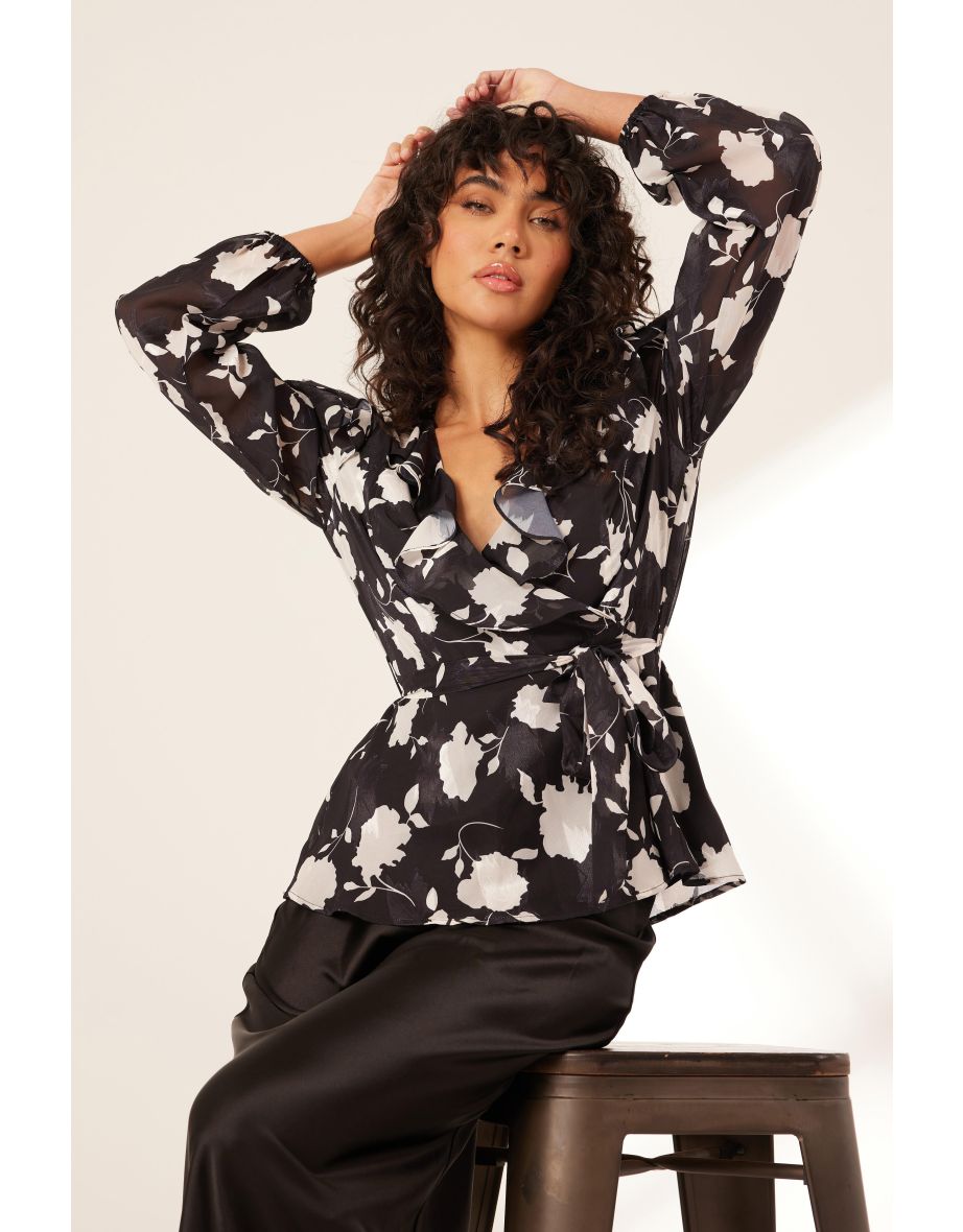 Black Floral Frill Peplum Top