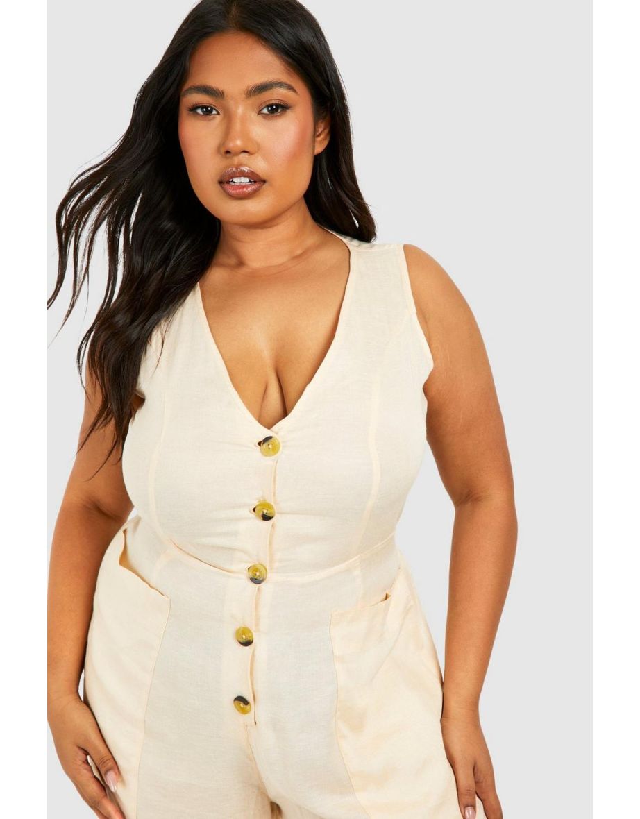 Plus Woven Tailored Button Down Jumpsuit - stone - 3