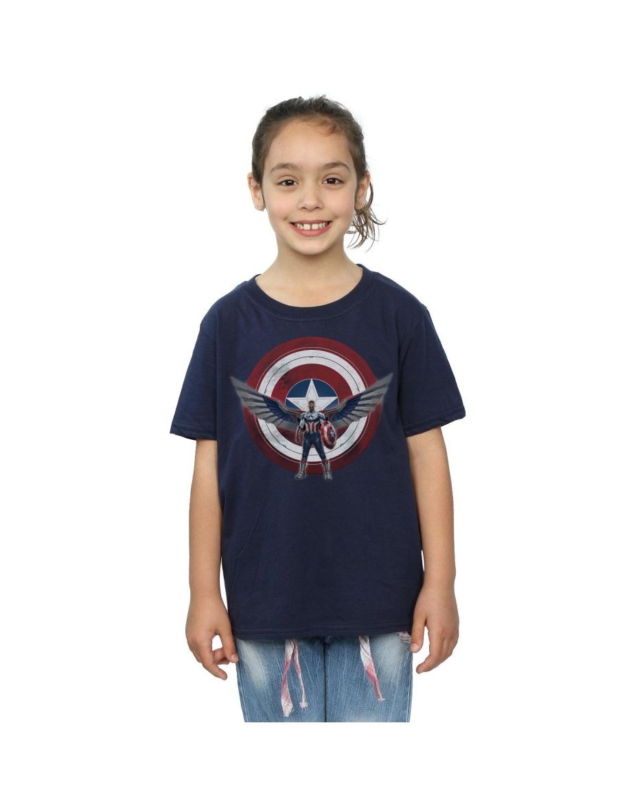 Marvel Girls Falcon And The Winter Soldier Captain America Shield Pose Cotton T-Shirt - Navy Blue