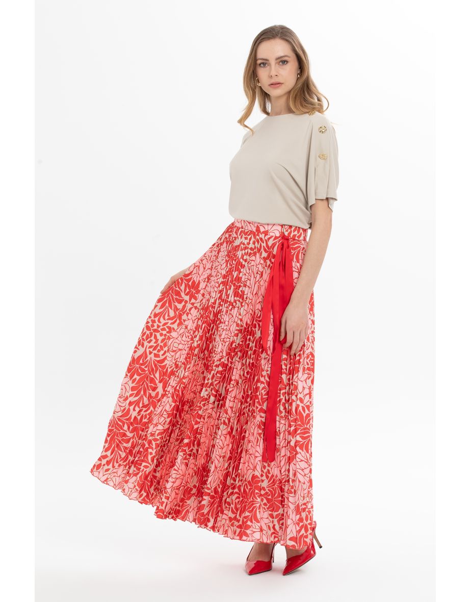 Pleated Patterned Long Skirt