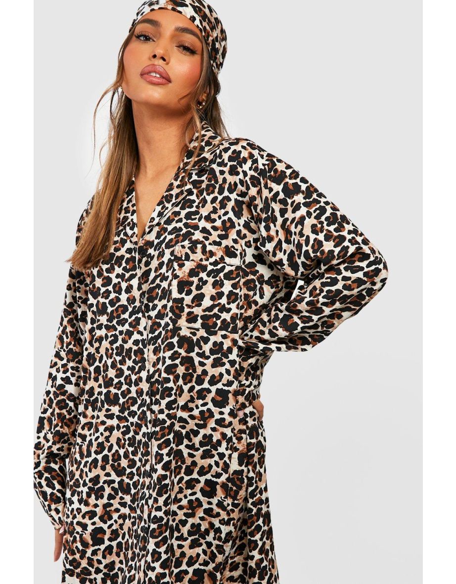 Leopard Print Shirt Dress With Headscarf - brown - 3