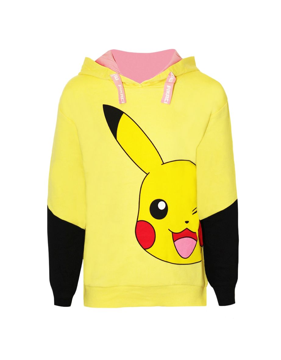 Pokemon Girls Pikachu Face Drawstring Hoodie - Yellow