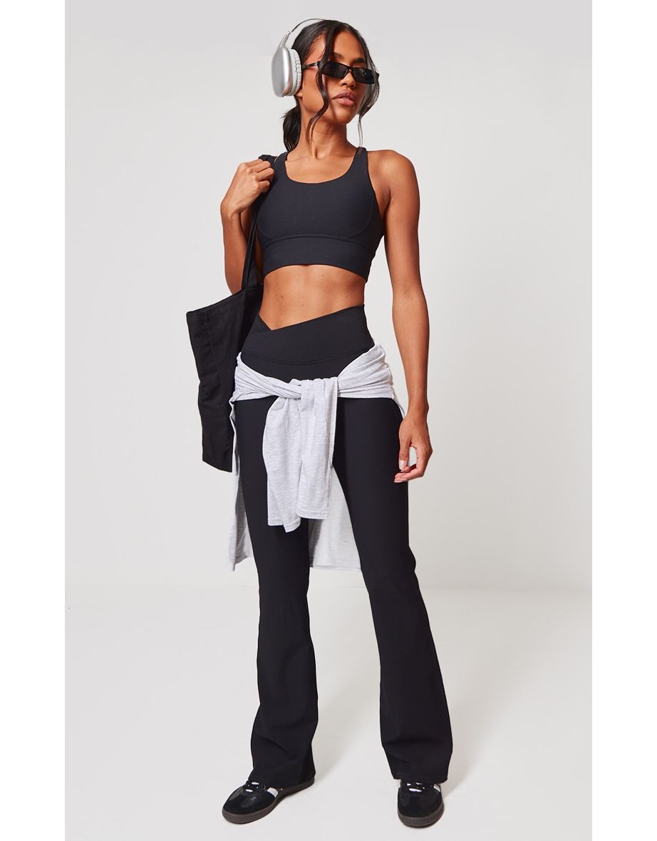Black Active Rib Cross Waist Yoga Pants