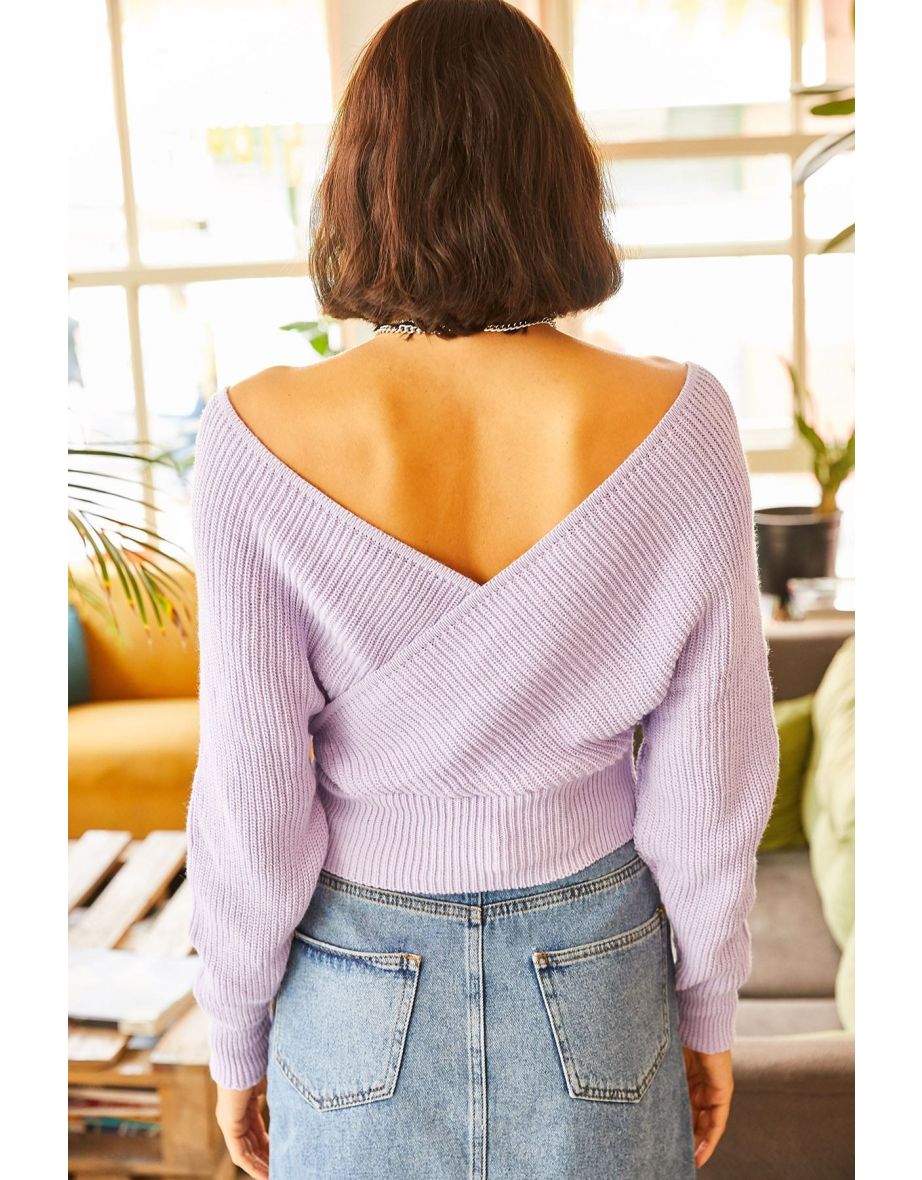 Women's Lilac Front Back V Waist Top Crop Knitwear Sweater - 5