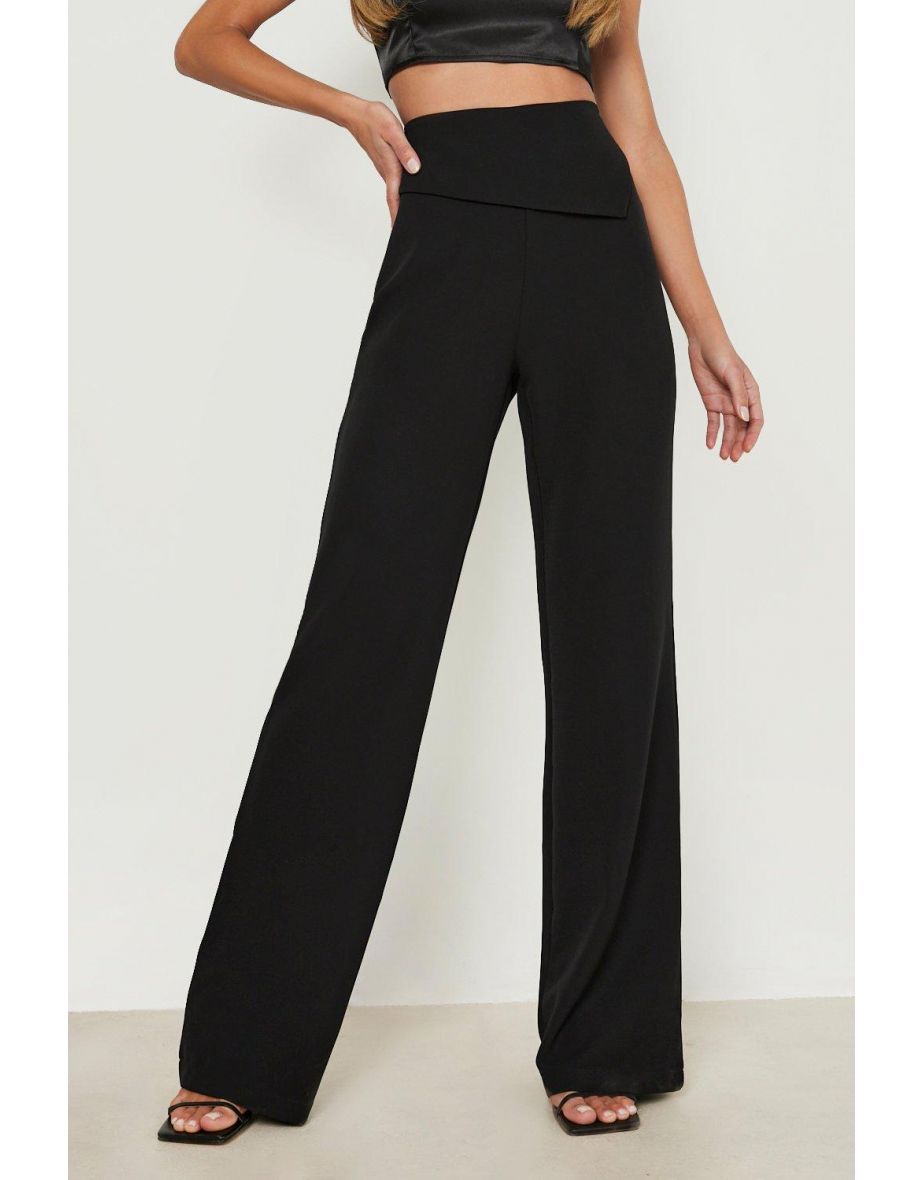 Fold Over Waist Detail Wide Leg Trousers - black - 3