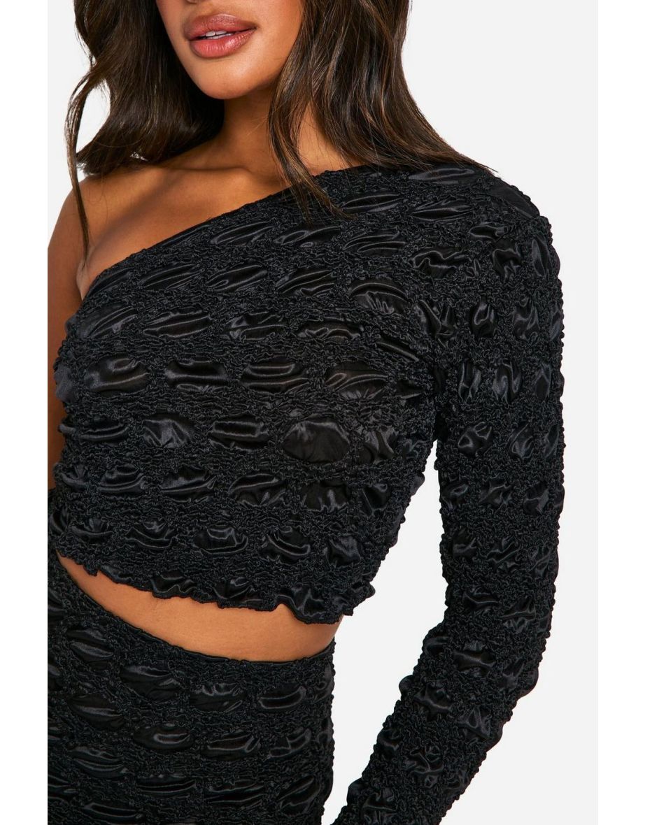 Crink Textured One Shoulder Long Sleeve Top - black - 3