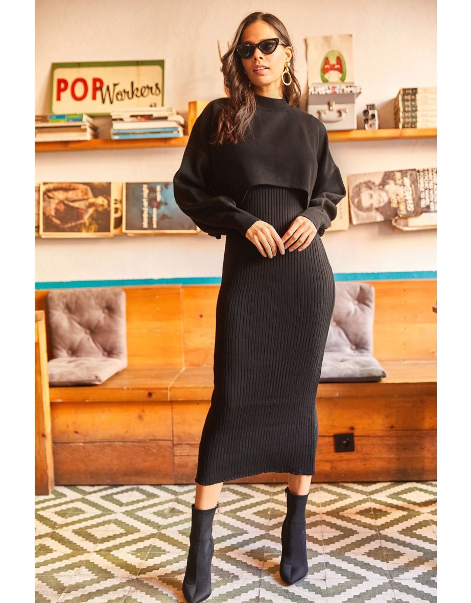 Women's Black Top Crop Sweater Bottom Strap Dress Knitwear Suit - 6