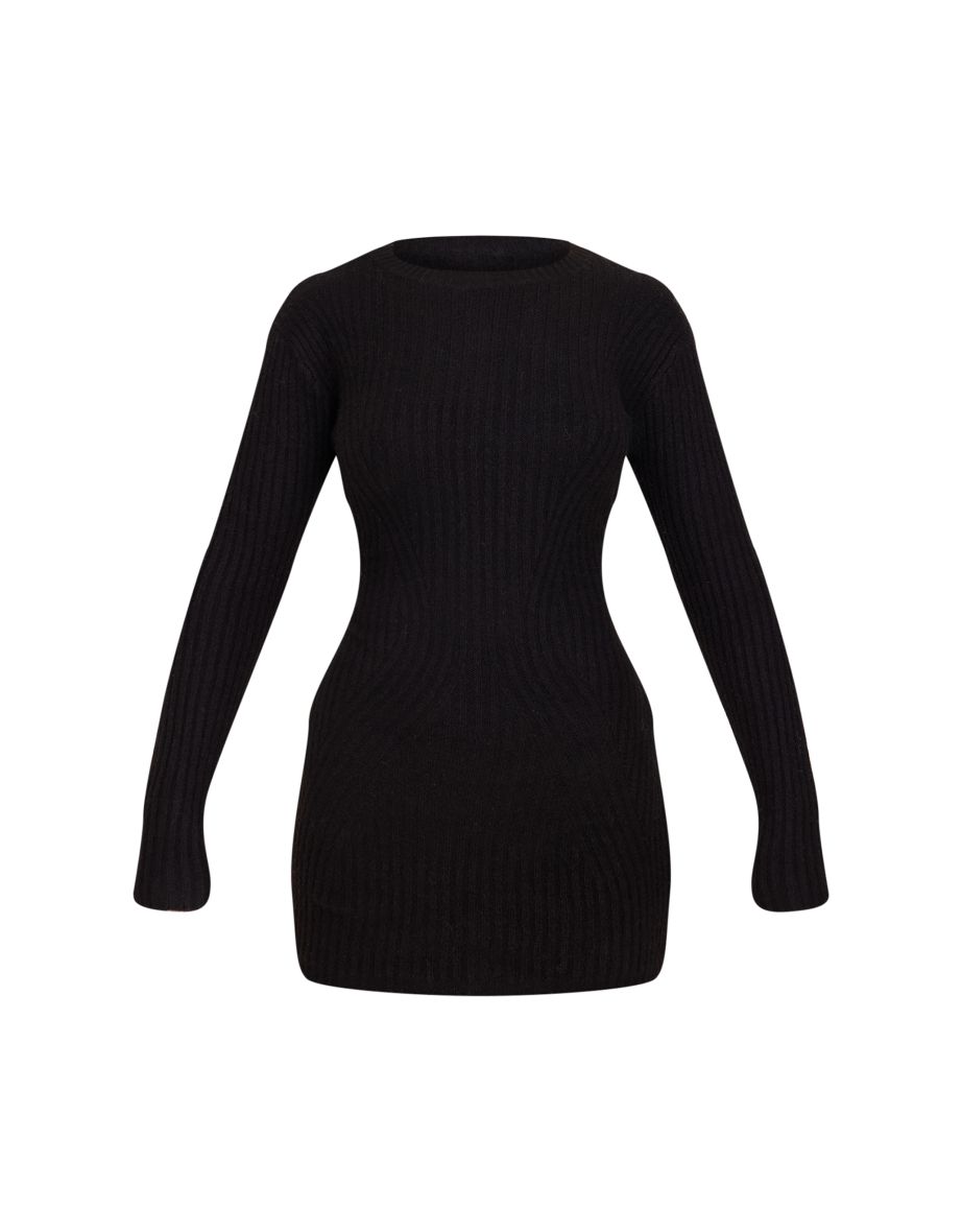 Black Soft Textured Rib Knit Floaty Mini Dress - 4