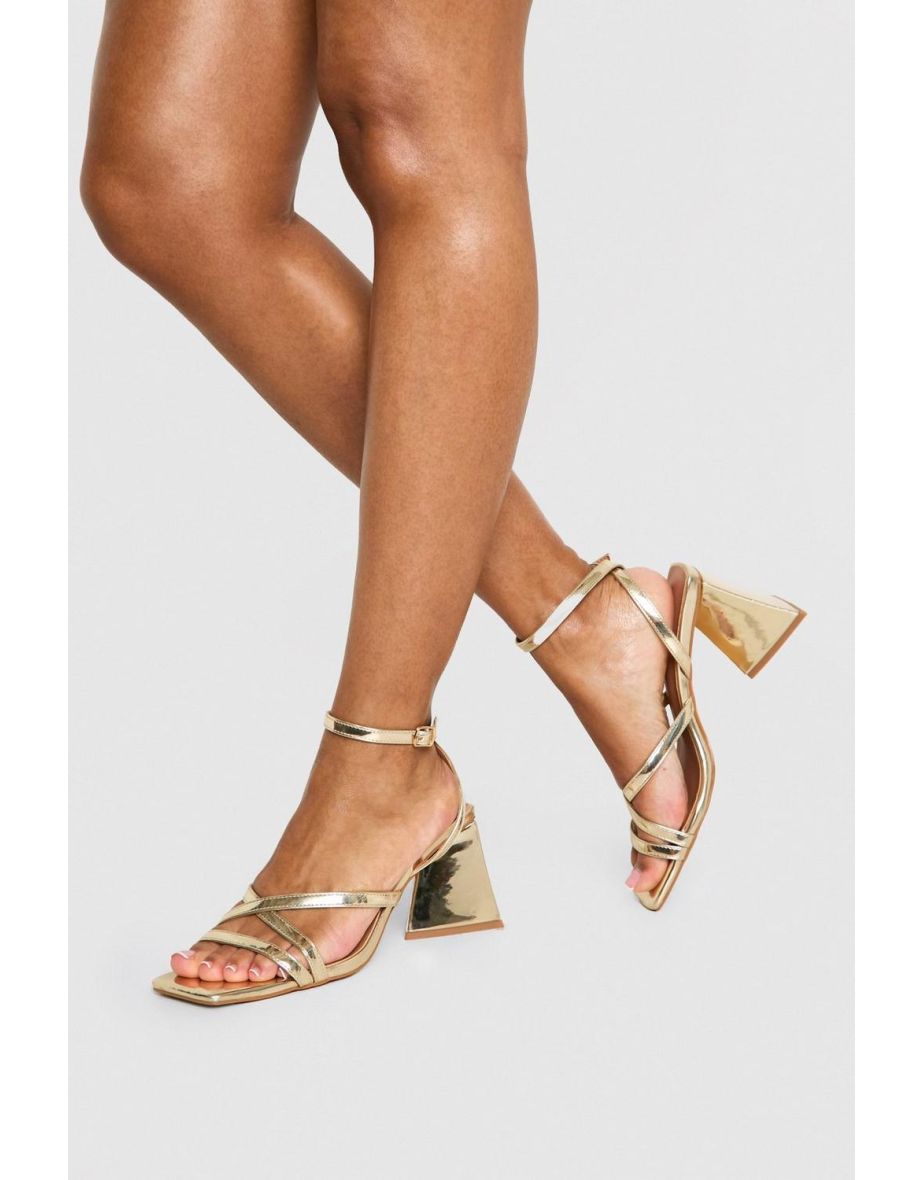Metallic Flared Heel Crossover Sandals - gold