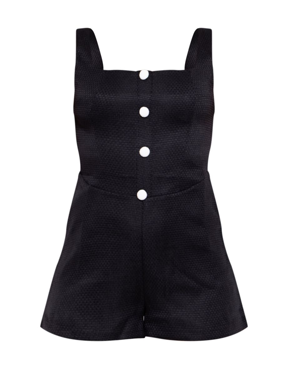 Black Tweed Button Up Square Neck Playsuit - 4