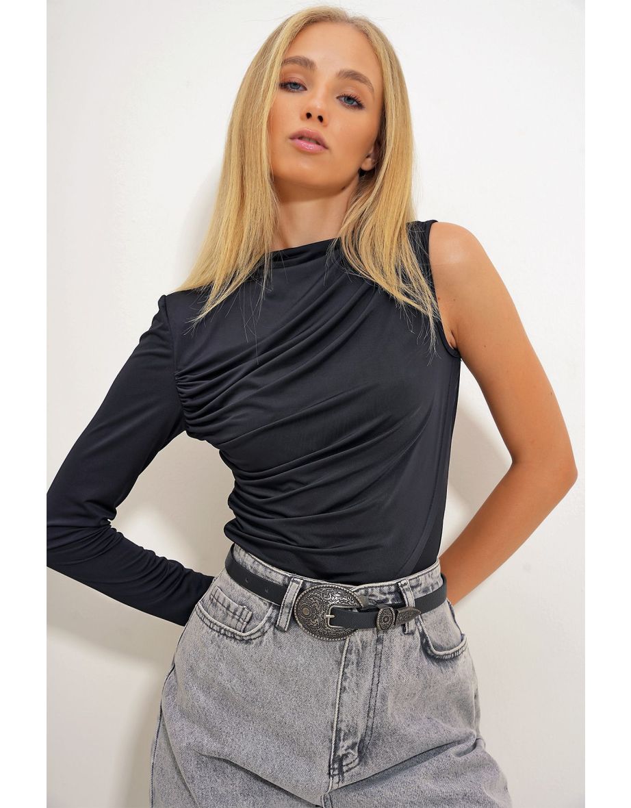 Women's Black Stand Collar Drape Detailed Sandy Blouse