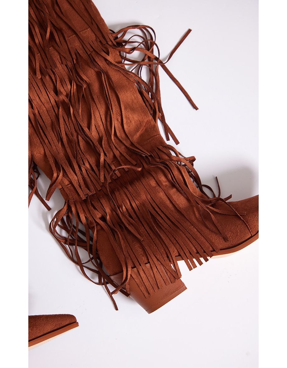Tan Faux Suede Fringe Western Block Heel Knee Boots - 3