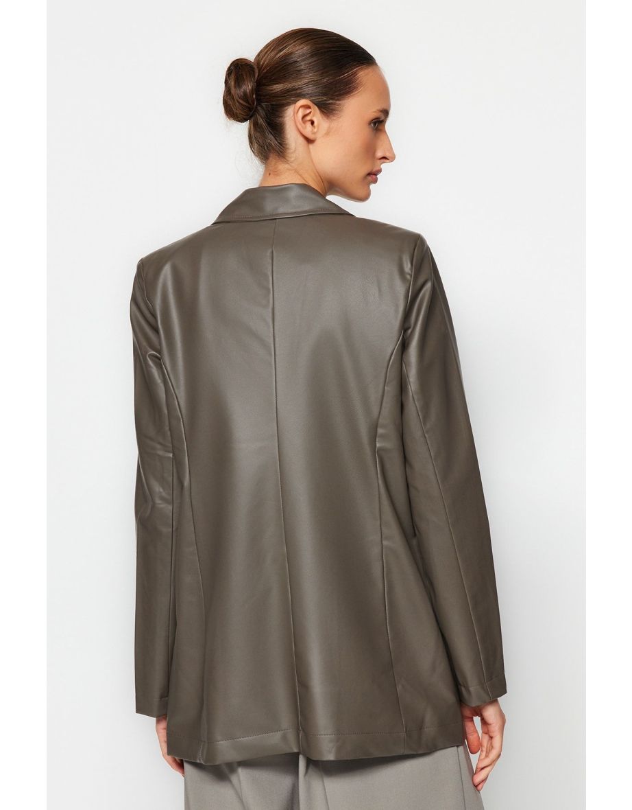Anthracite Faux Leather Regular Lined Double Breasted Closure Woven Blazer Jacket - 5
