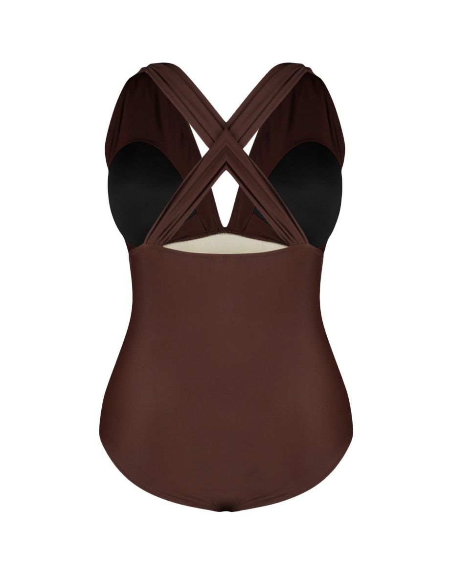 Brown Deep V Back Crossover Swimsuit - 7