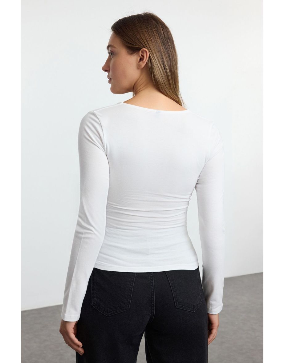 Ecru Square Neck Gathering/Drape Detailed Slim/Fitting Knitted top - 4