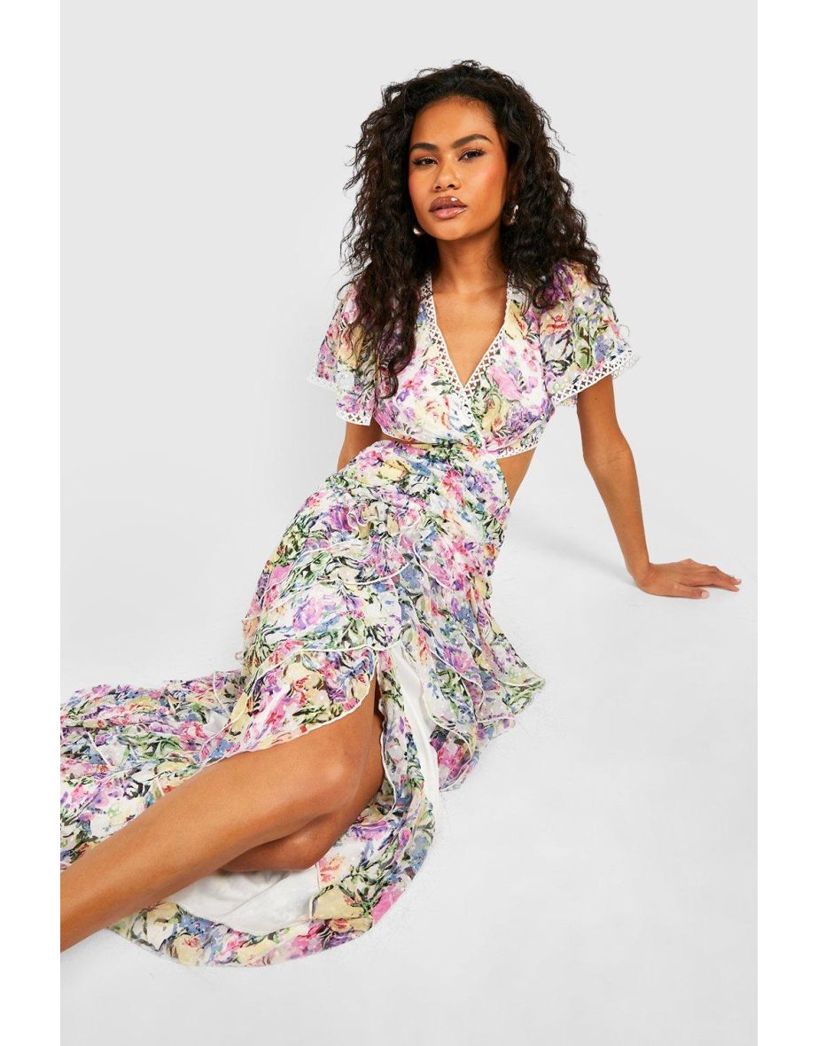 Floral Dobby Cut Out Ruffle Maxi Dress