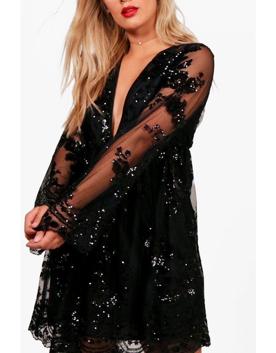 Plus Floral Sequin Wrap Skater Dress - black - 3
