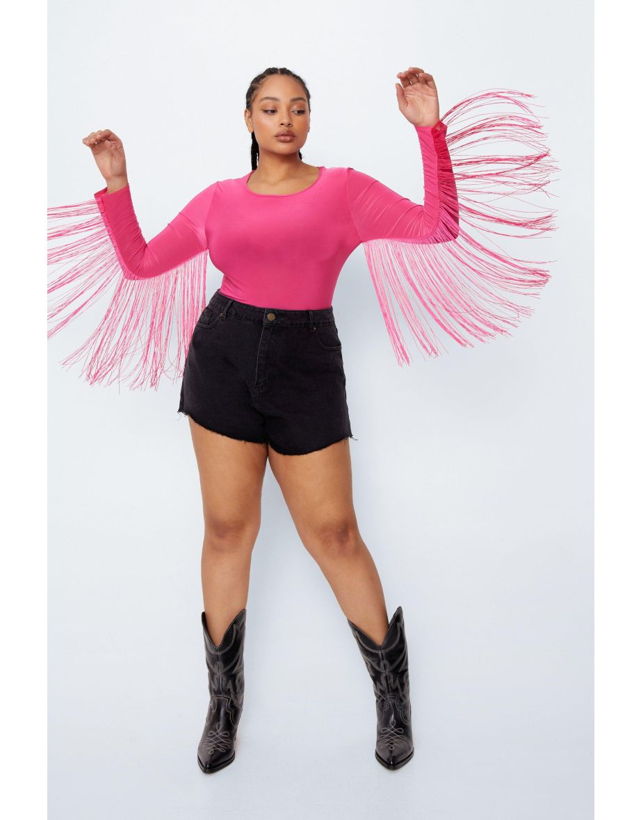 Plus Size Fringed Long Sleeve Bodysuit