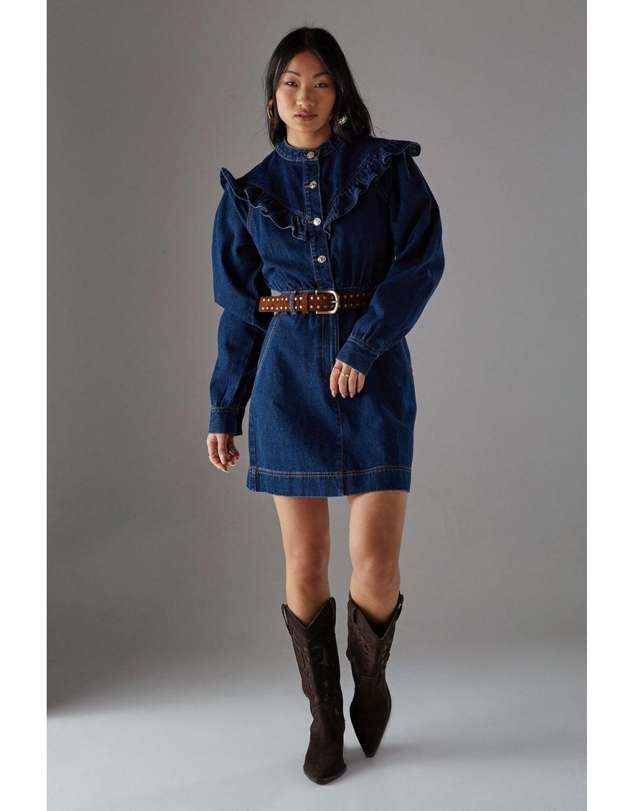 Petite Denim Frill Yoke Relaxed Mini Shirt Dress
