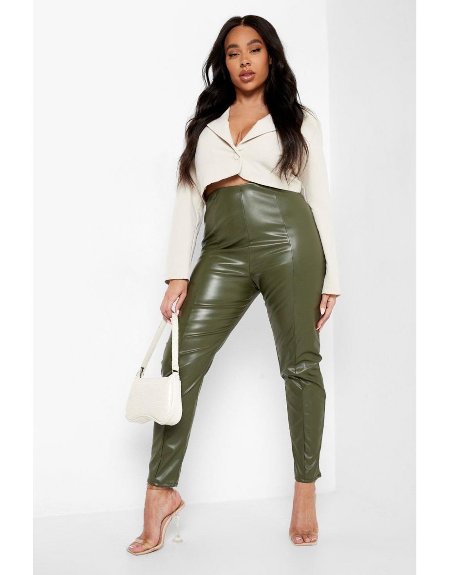 Plus Seam Front Pu Leggings - khaki - 3