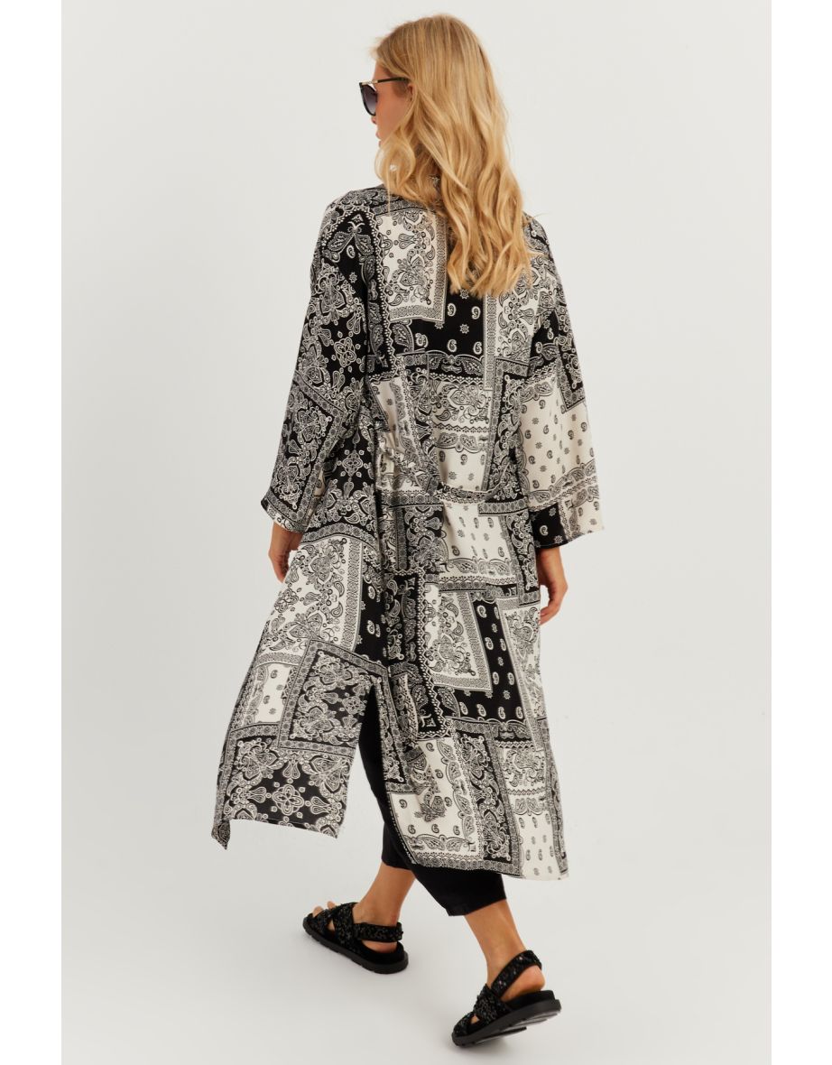 Women's Black-Ecru Patterned Kimono