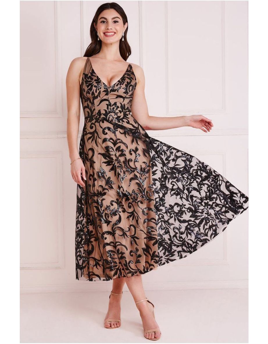 Goddiva Sequin Mesh V-Neck Flared Skirt Midi - Black