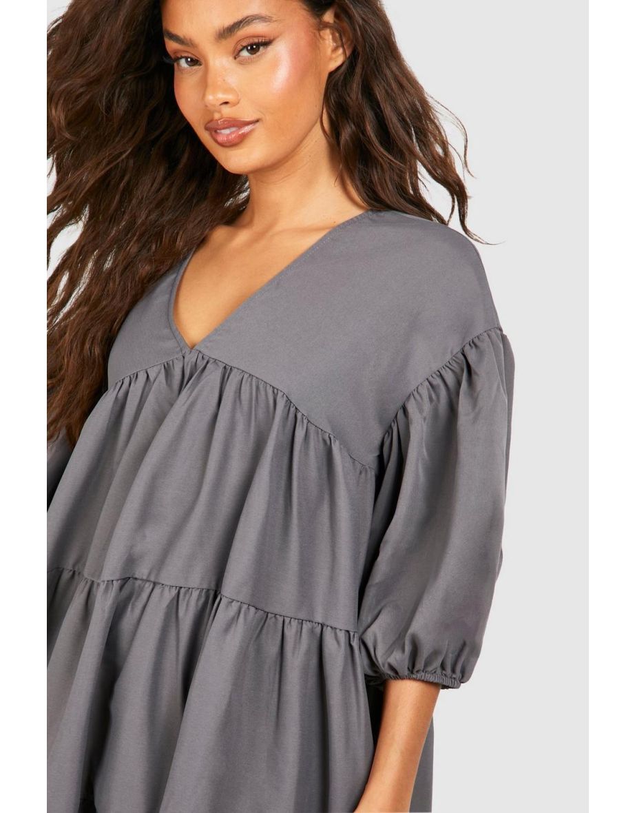 Poplin V Neck Tiered Midi Smock Dress - charcoal - 3