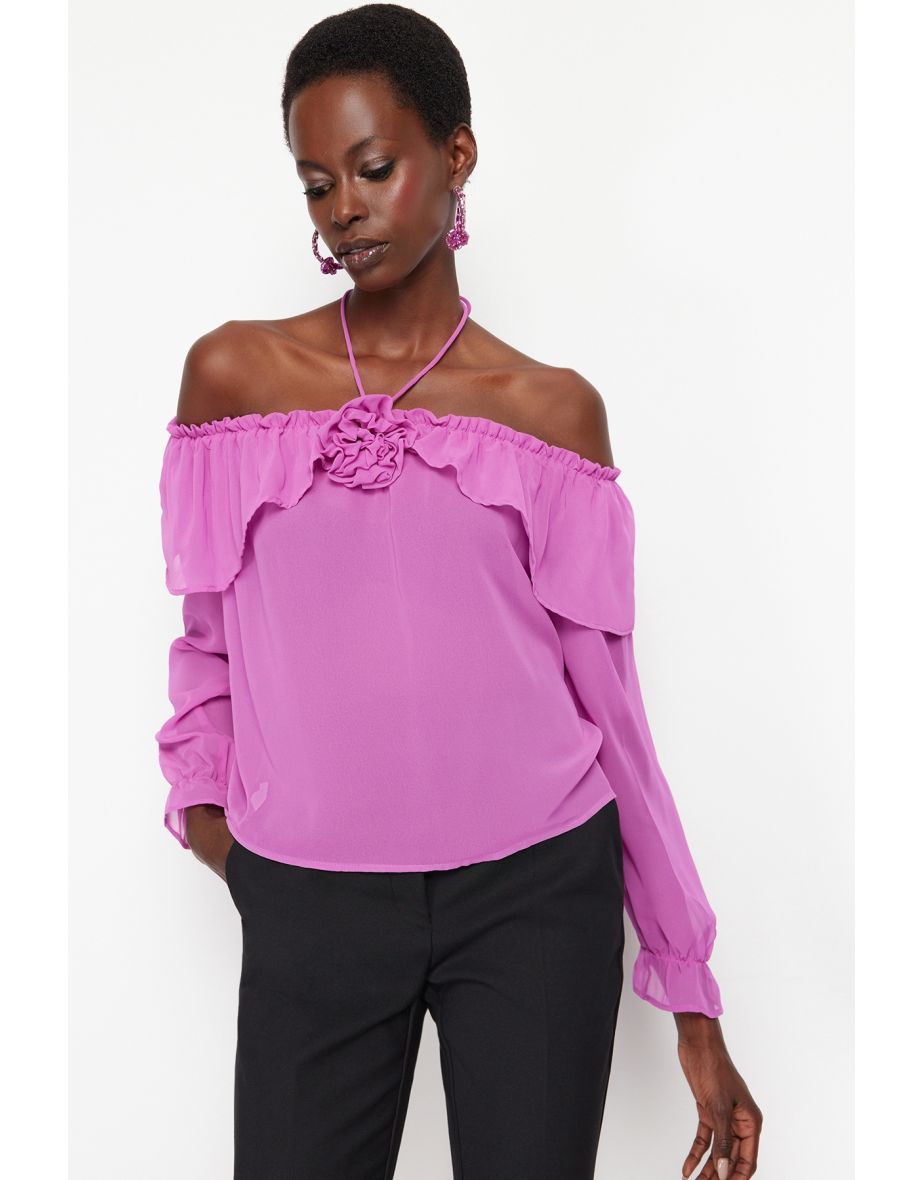 Pink Unlined Flounce Rose Detailed Chiffon Blouse - 7