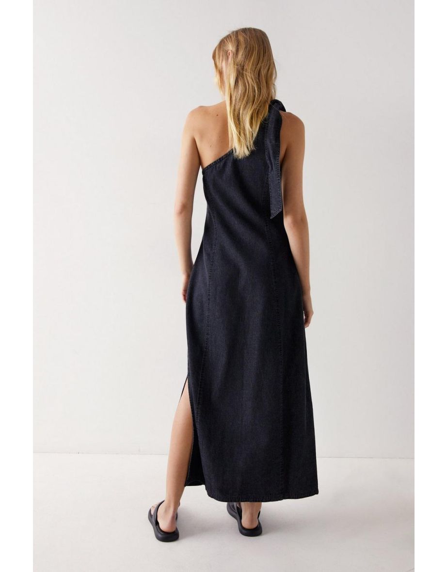 Chambray Denim One Shoulder Tie Midi Dress - 3