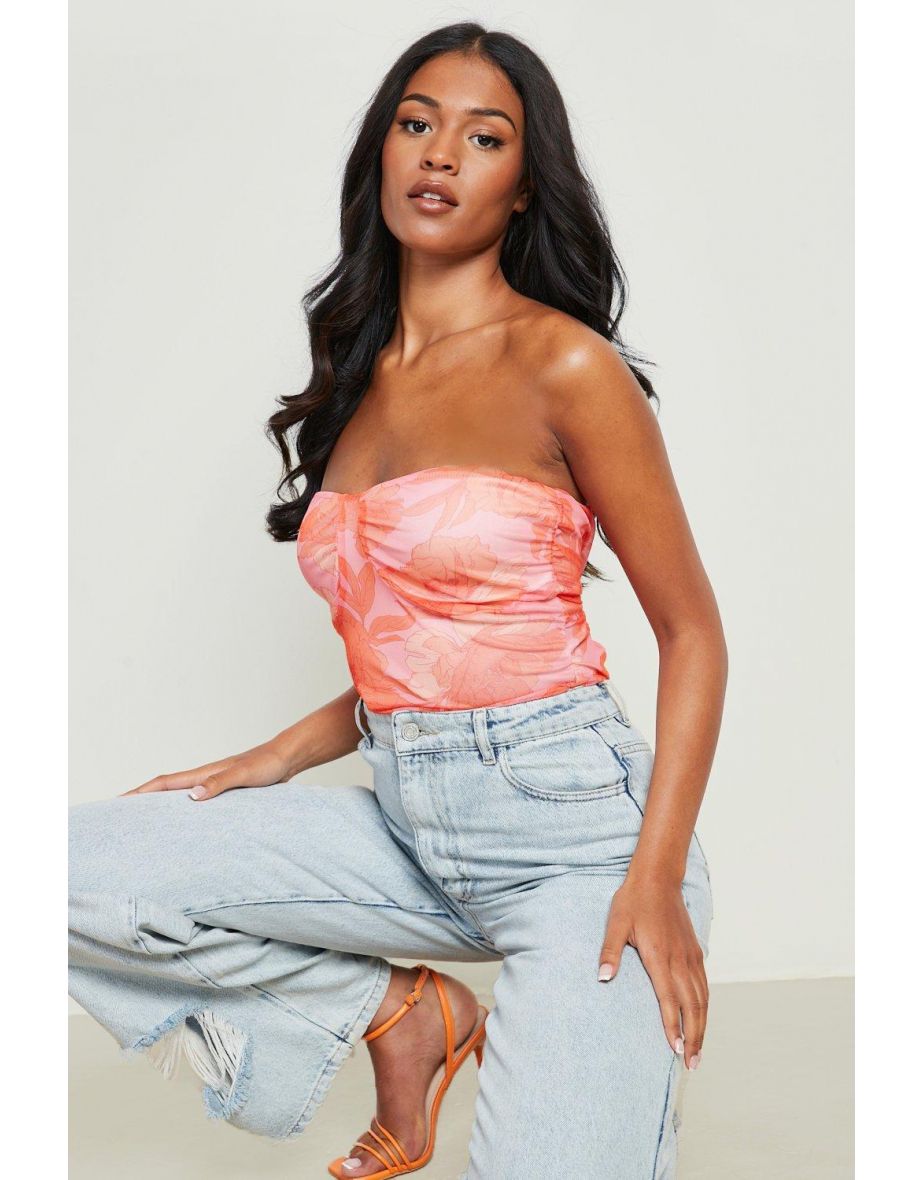 Recycled Tall Floral  Mesh Bandeau Bodysuit - pink - 3