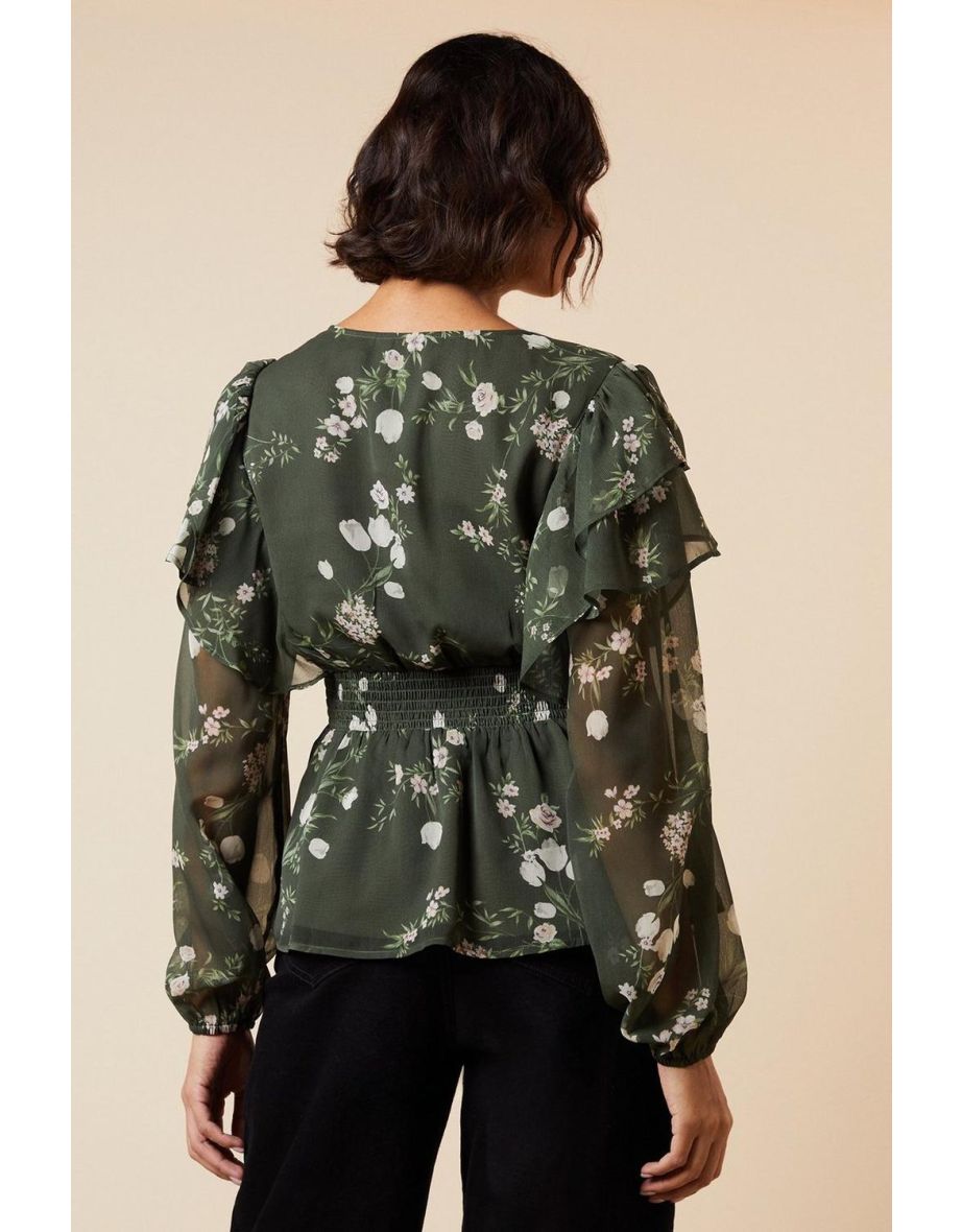 Khaki Floral Shirred Waist Button Front Chiffon Long Sleeve Blouse - 3