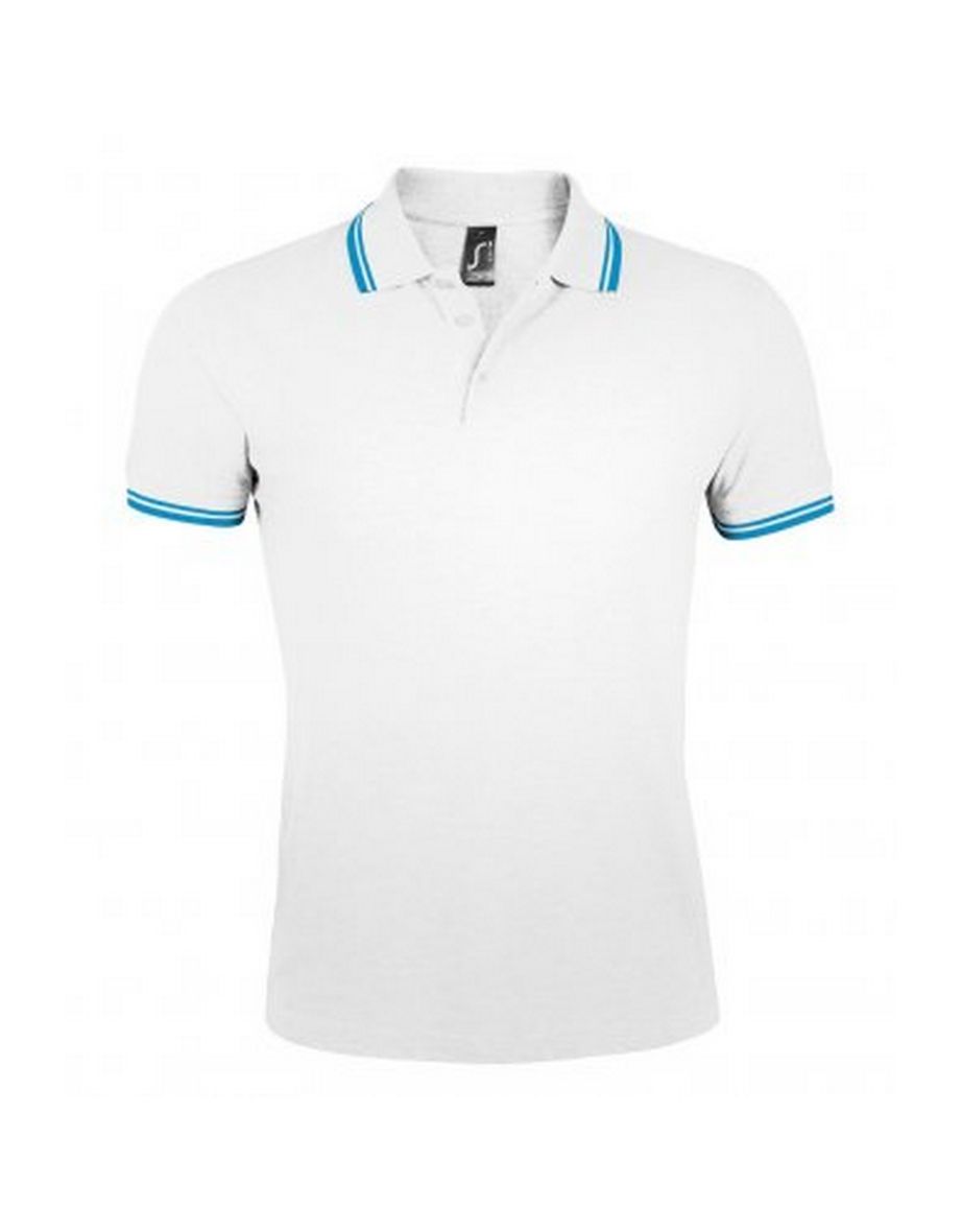SOLS Mens Pasadena Tipped Short Sleeve Pique Polo Shirt - White/Aqua Blue