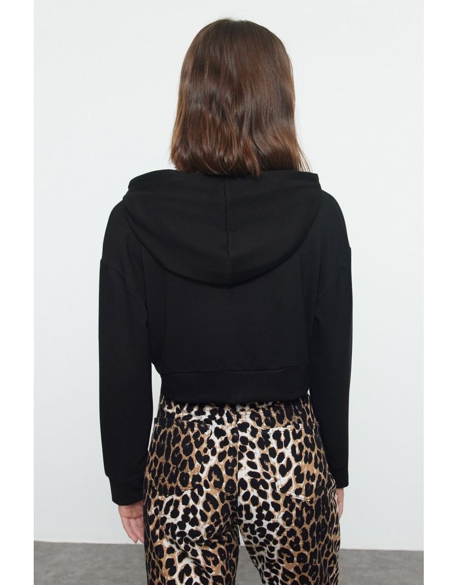 Black Zipper Collar Hooded Crop/Short Regular/Normal Fit Knitted Sweatshirt - 4