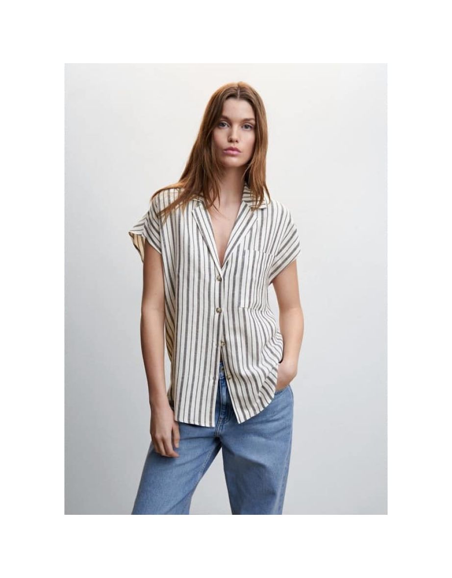 Mango Linen Striped Shirt Dress, White/Blue, 4