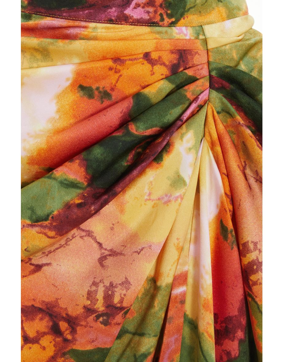 Multicoloured Satin Marble Print Ruched Midi Skirt - 5