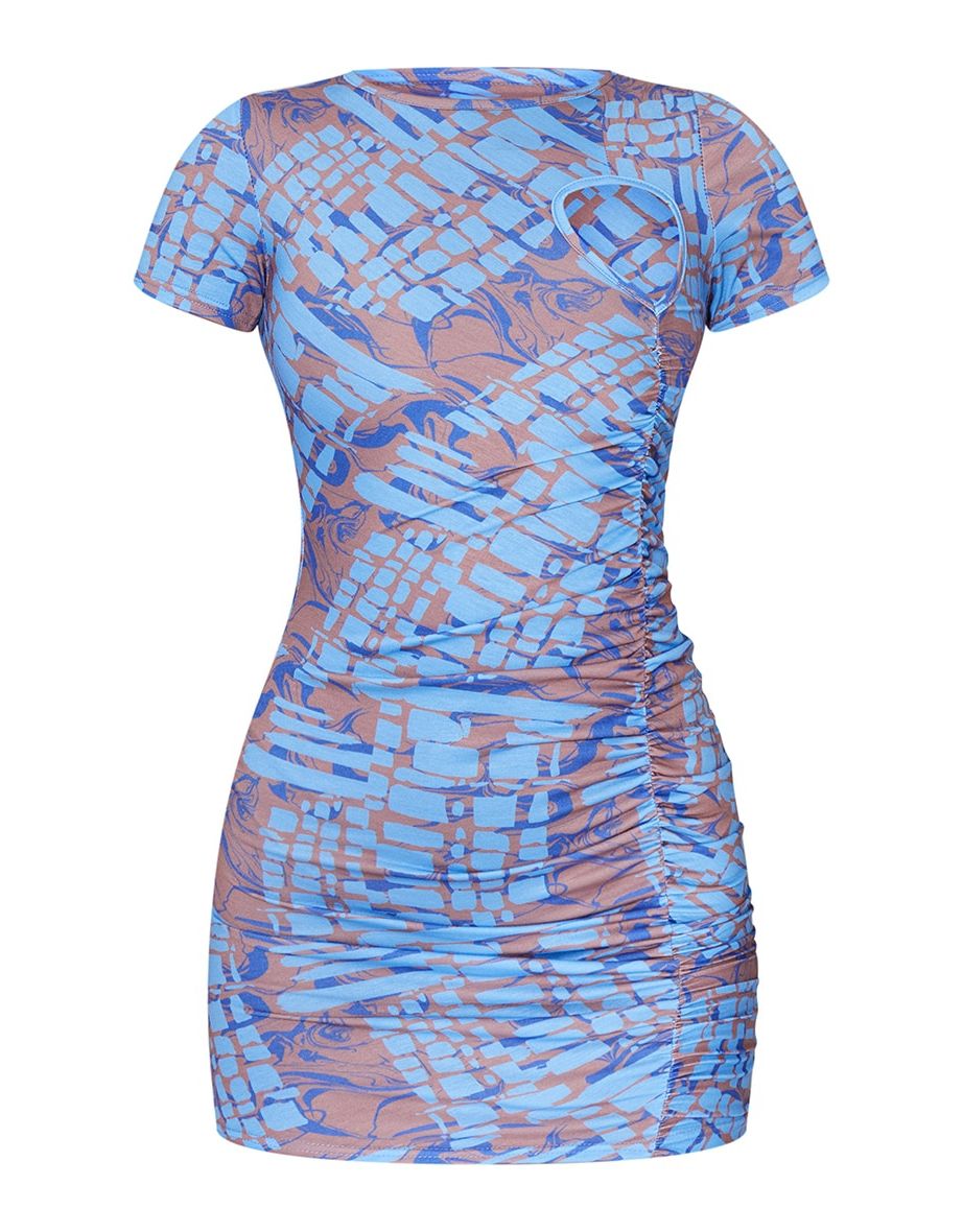 Blue Marble Print Ruched Short Sleeve Bodycon Dress - 4