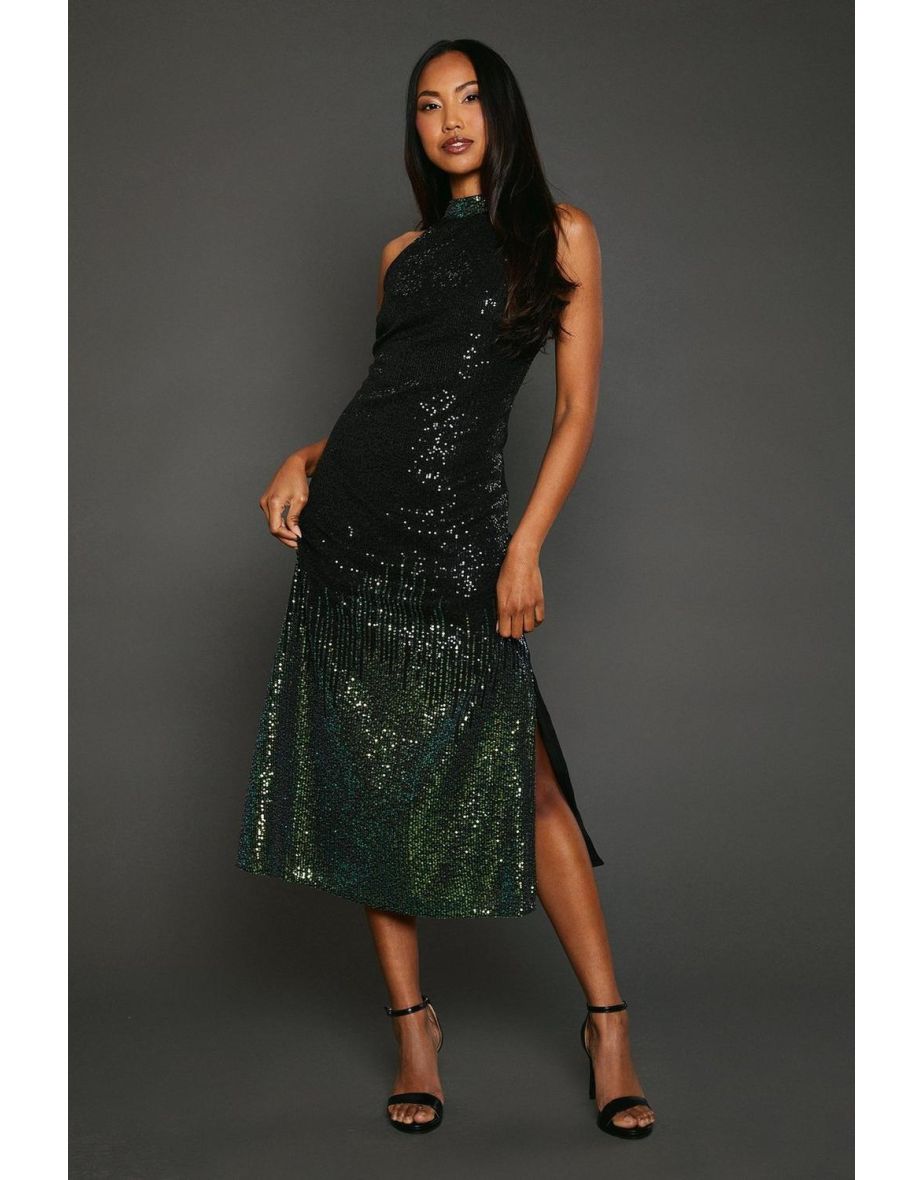 Ombre Sequin Halterneck Midi Dress