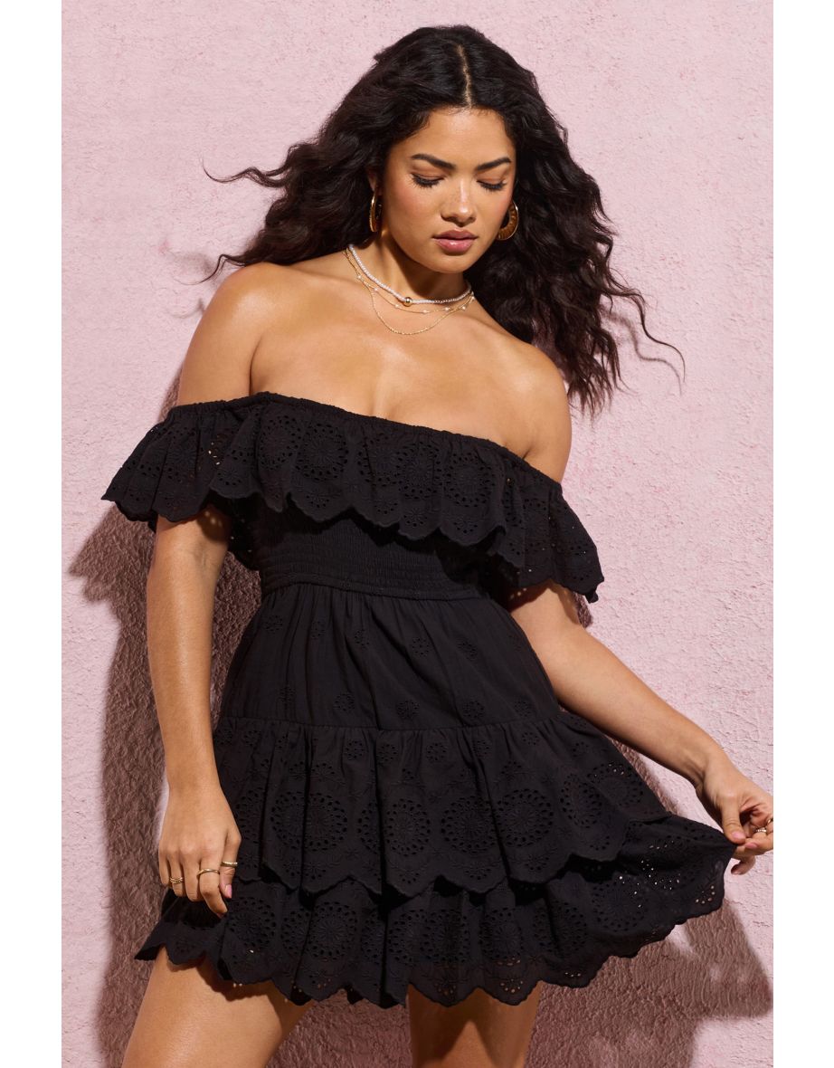 Explorer | Black Broderie Ruffled Bardot Mini Dress