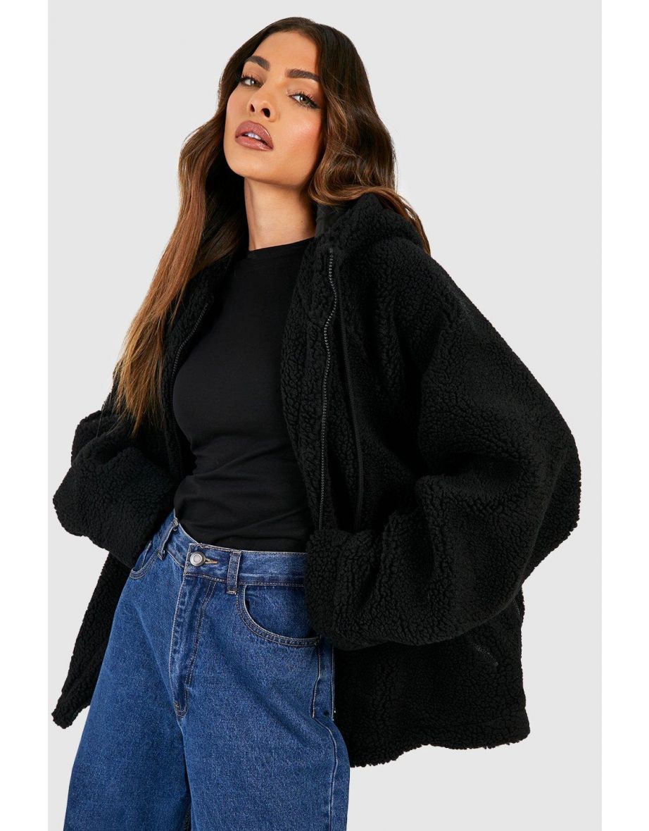 Oversized Contrast Detail Teddy Jacket