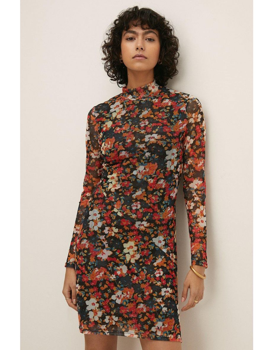 Floral Mesh Funnel Neck Bias Mini Dress