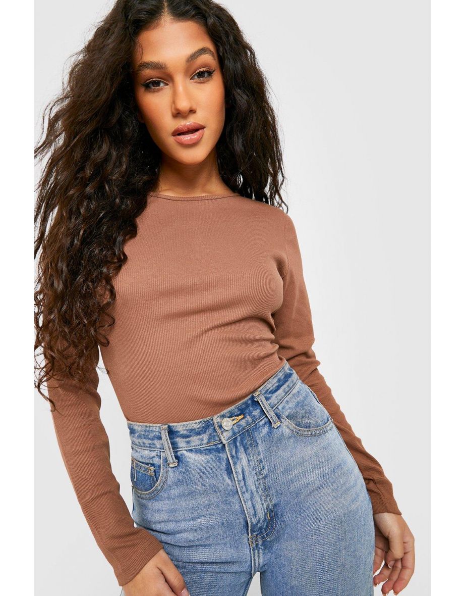 Crew Neck Long Sleeve Bodysuit - mocha - 3