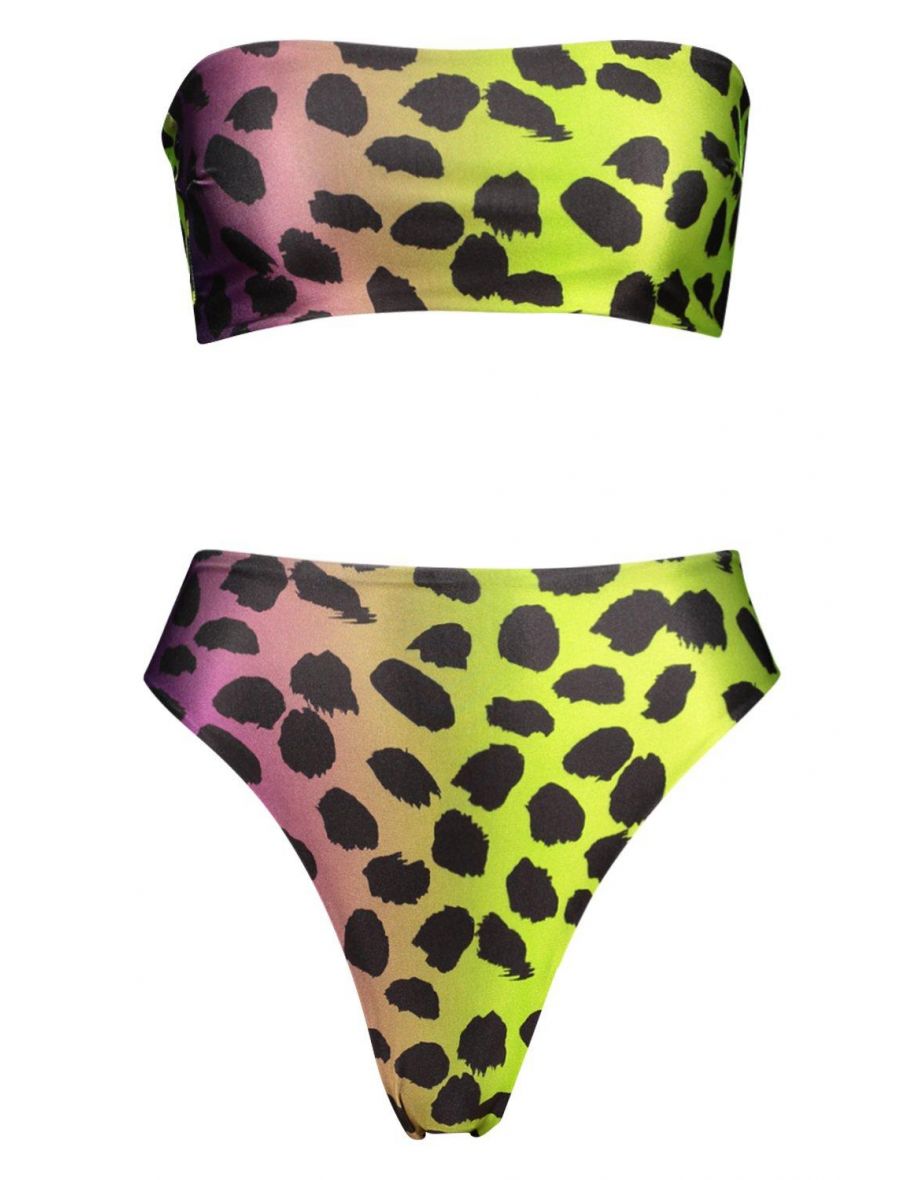 Leopard High Waist Bandeau Bikini Set - purple - 1
