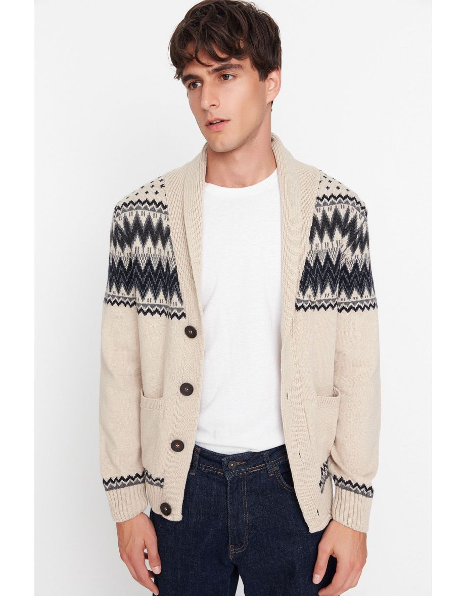 Beige Slim Fit Shawl Collar Jacquard Knitwear Cardigan
