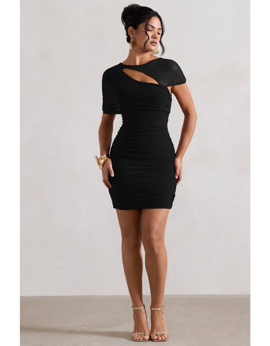 Himalaya | Black Ruched Mini Dress With Mesh Overlay